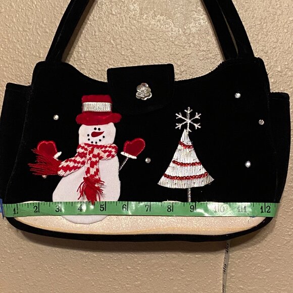 Winter Snowman & Christmas Tree Decorated Velvet Purse Handbag Black Beaded - Picture 11 of 12